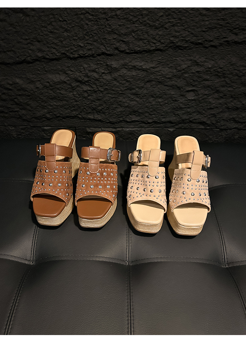 Sandal đế xuồng cao gót 9 cm da bò đinh tán quai ngang mũi hở phong cách boho — màu nâu, màu mơ chi tiết 12