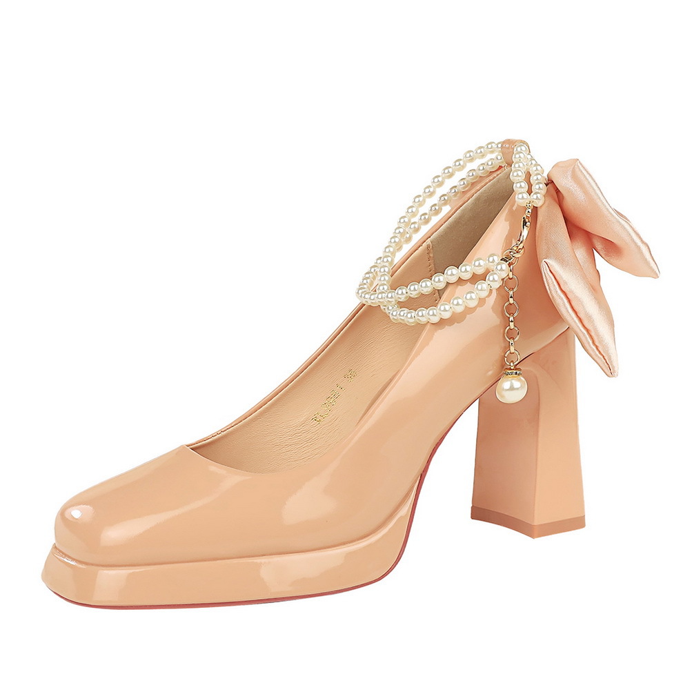 9981-H78TP Korean Style Square Toe Chunky Super High Heel Waterproof Platform Pearl Chain One-Strap Bow Wedding Single_vogvips.com