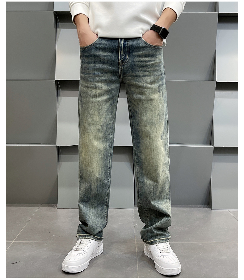 Men's Clothing Spring Retro High-End Printed Blue Jeans Loose Fit Straight Leg Casual Pants For Men_mkmklike.com