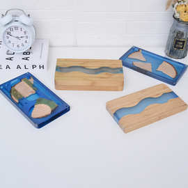 方形创意树脂盘子 创意透明树脂木结合家居桌面收纳盘 客厅水果盘