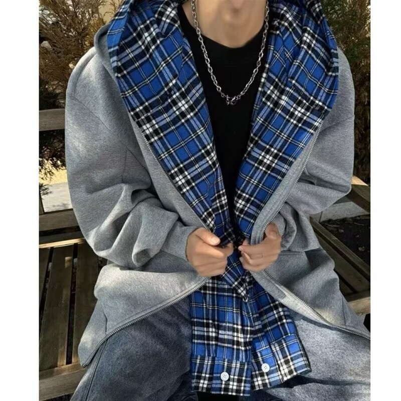Fake Two-Piece Blue Plaid Hooded Sweatshirt for Men, Trendy Brand with Patchwork Design, Loose and Versatile Cardigan Jacket for Autumn and Winter
