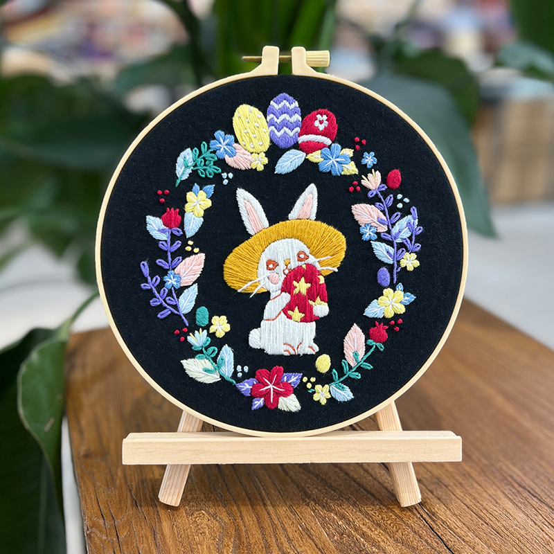 Conejo de Pascua cuelga pinturas bordadas lu decoraciones de salón dibujos animados huevos bordados a mano bolsas de material diy