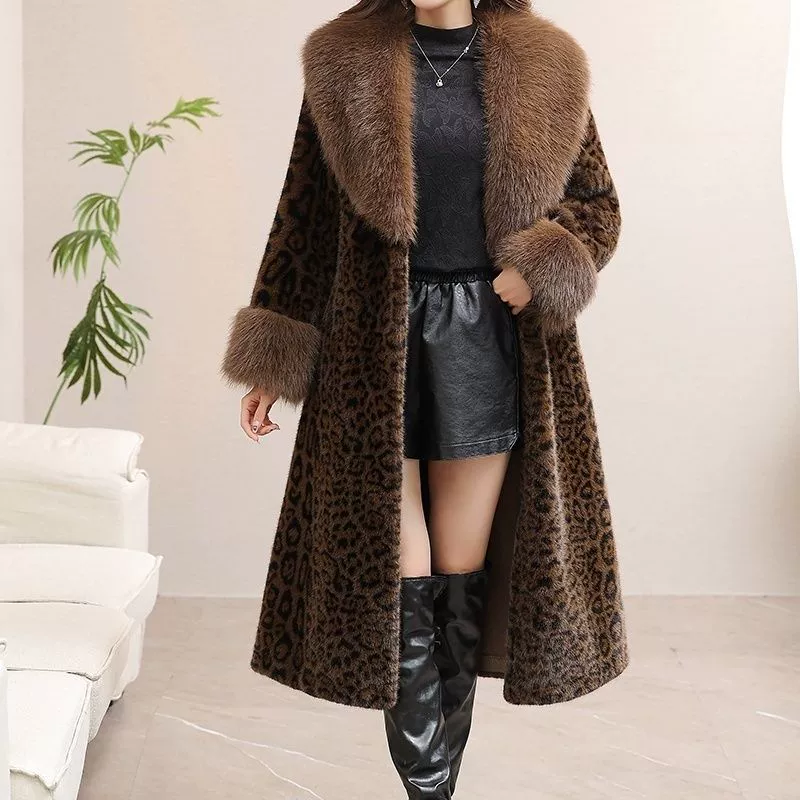 Women's Winter Long Coat, Leopard Pattern Mid-Length, Belted, Sizes L–4XL