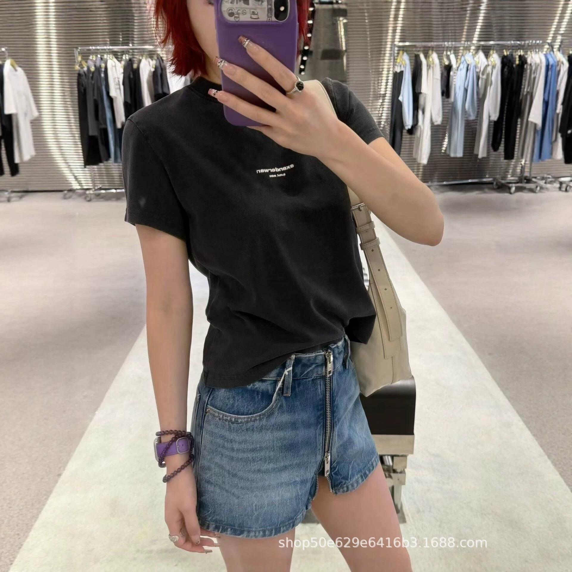 Nanyou Quality 2026 Summer New Letter Print Slim Fit Short Sleeve T-Shirt Women's Round Neck Straight Shoulder Cotton Versatile Top