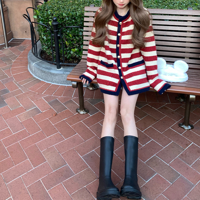 Meet on Friday Striped Festive Sweater Cardigan Arctic Velvet Thickened