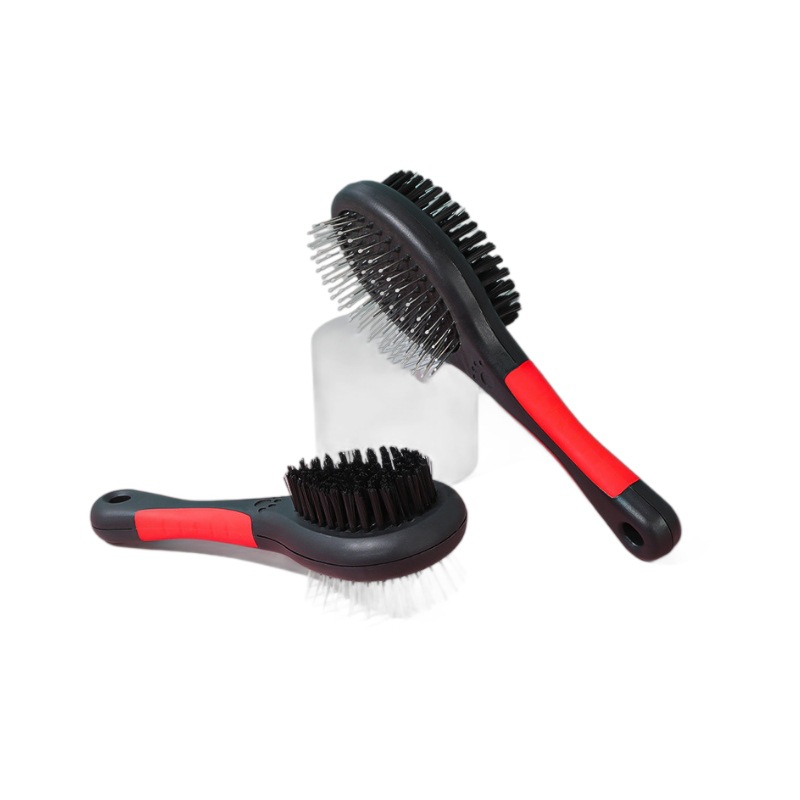 mango de plástico negro pegamento rojo dos lados peinado gato y perro general acero inoxidable aguja peinado pelo peinado mascotas al por mayor