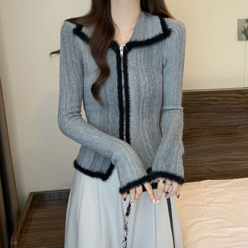 New Style Double Zipper Long-Sleeved Regular Shoulder Sweater, Autumn New Plus Size Women's Clothing, Color-Blocked Base Cardigan, Casual Top