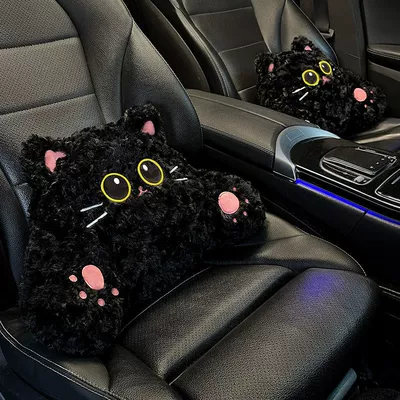 Pillow Cartoon Cute Cat Car: Headrest - black-huggable-cat-lumbar-support-set-of-2