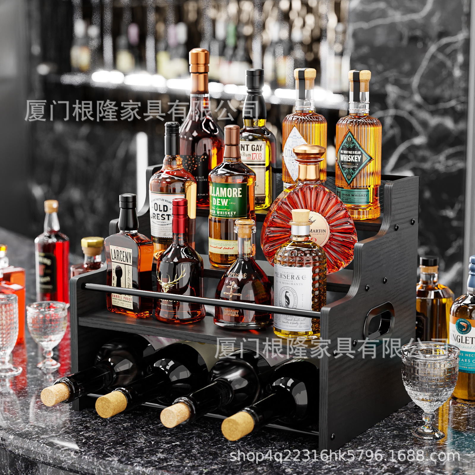 Cross-Border Modern Simple Black Wooden Metal Multi-Layer Wine Rack Red Wine Whiskey Multi-Bottle Storage Rack Home Bar