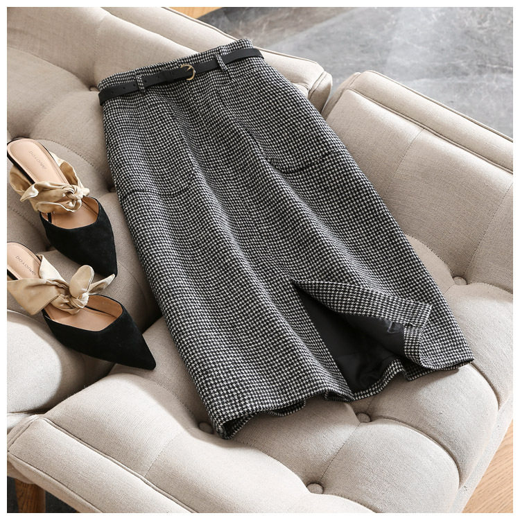 Chân váy nữ ca rô houndstooth cạp cao xẻ tà dáng ôm tôn dáng — Ca rô, Màu xám chi tiết 4
