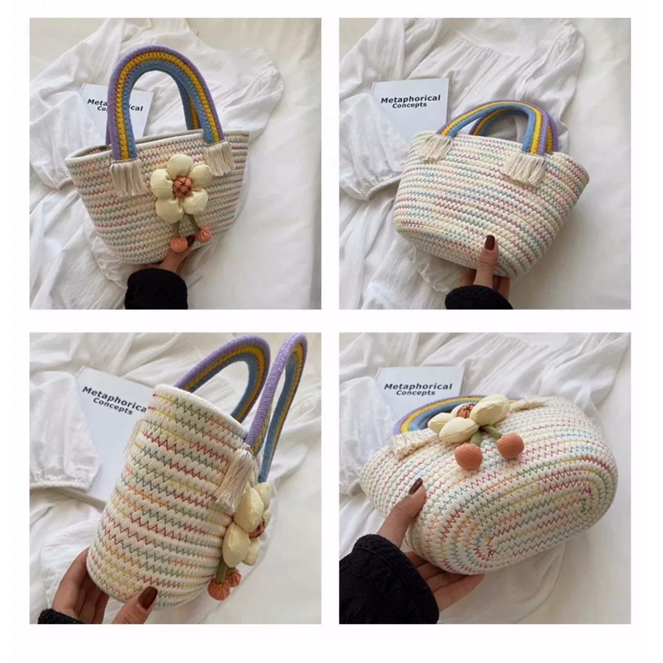 Rainbow set, woven linen bag
