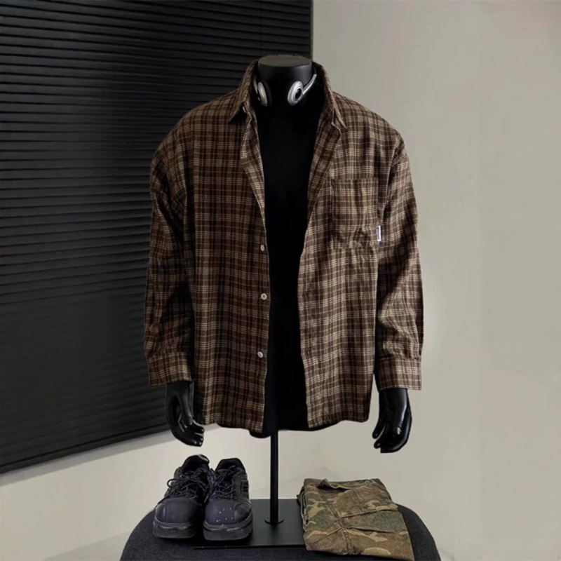 Vintage Plaid Shirt for Men, Stylish Japanese-Style Long-Sleeve Shirt, Sun-Protective Outerwear