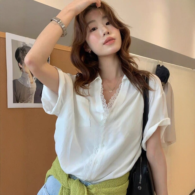 2026 New Korean Style V-Neck Lace Patchwork Loose Short-Sleeve Shirt for Women, Versatile Slimming Design, Stylish Commuter Top 2026 New Korean Style V-Neck Lace Patchwork Loose Short-Sleeve Shirt for Women, Versatile Slimming Design, Stylish Commuter Top