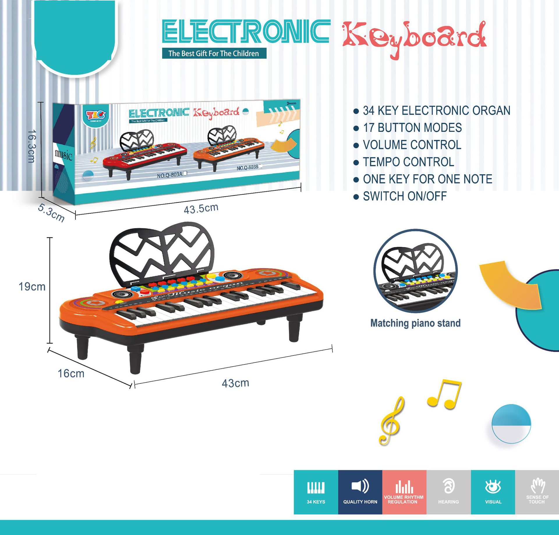 악보대가 포함된 34키 다기능 전자 키보드(주황색)