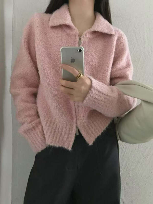 韩版圈圈毛翻领双拉链针织开衫女秋冬新款加厚短款宽松毛衣外套潮|undefined