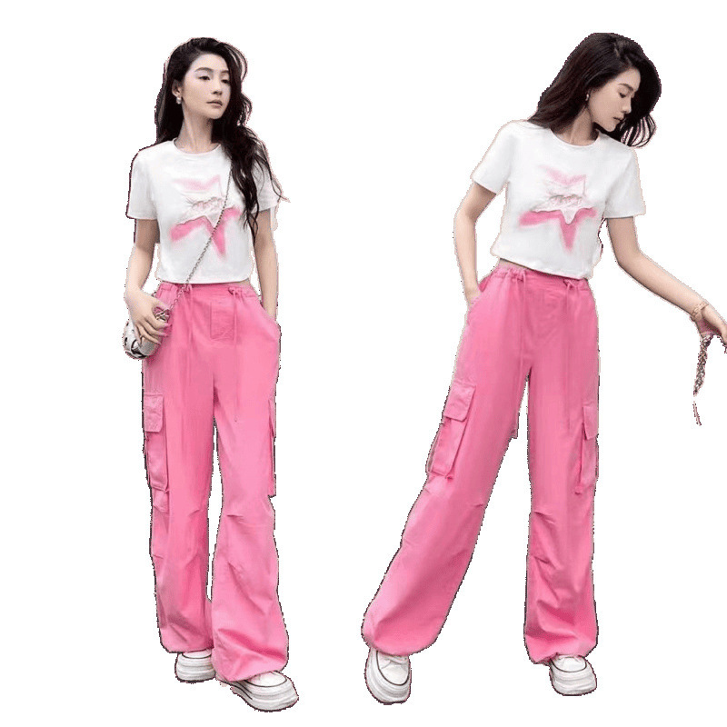 リネン夏セット星新作布カジュアル半袖tシャツ女性ファッション工装ズボンワイドパンツ2枚|undefined