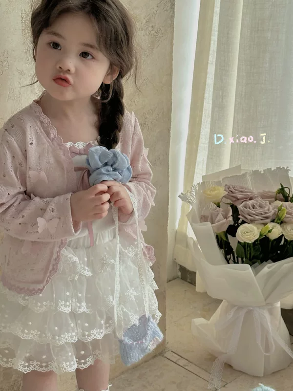 大小卷 Spring children's set, cute lace cardigan, lifting effect