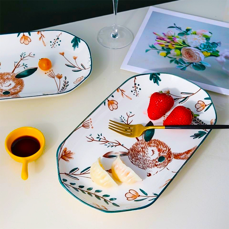 Underglaze 컬러 세라믹 플레이트 도매 직사각형 플레이트 사슴 생선 플레이트 긴 플레이트 가정용 찐 생선 플레이트 대형 식기