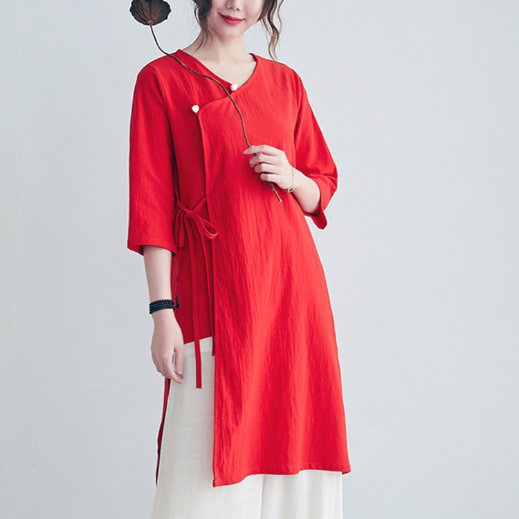 中國風禅意茶服改良中式旗袍盤扣斜襟亞麻上衣中長款茶藝師服裝女