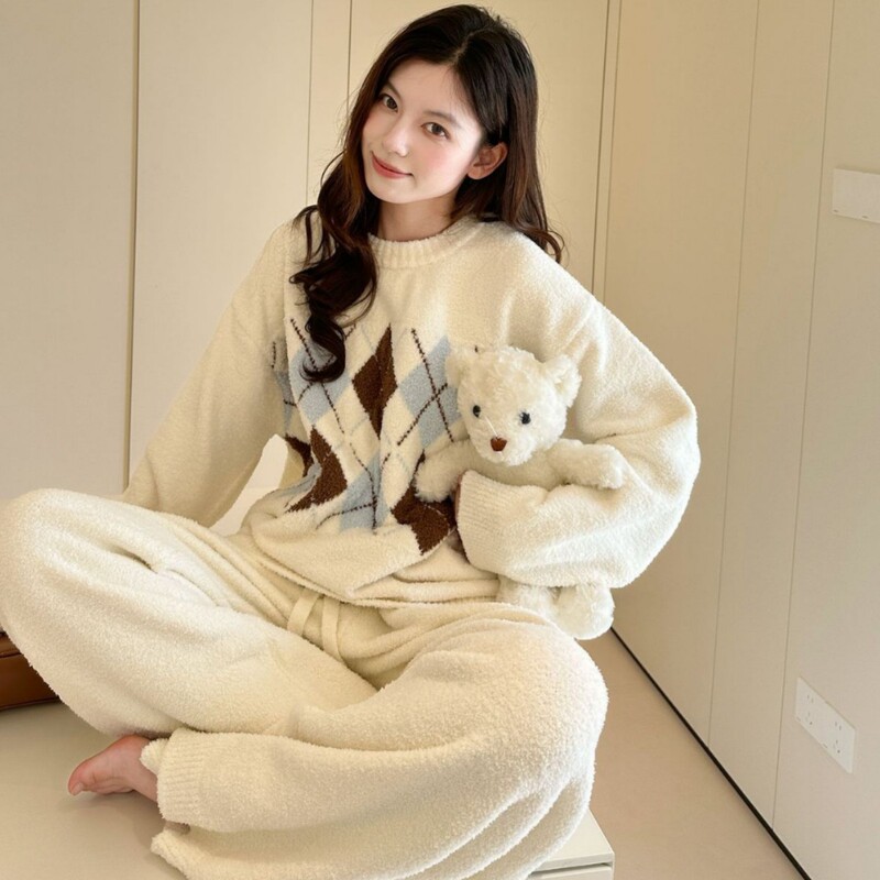 OY014 [Diamond Waffle] 2026 Autumn/Winter New Collection: Simple Diamond-Patterned Pullover Set, Women's Loungewear