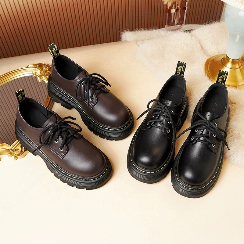 Внутренняя высота, толстый каблук, толстая подошва, весна 2025, новые лоферы, маленькие кожаные туфли с круглым носком для женщин, универсальная модная рабочая одежда