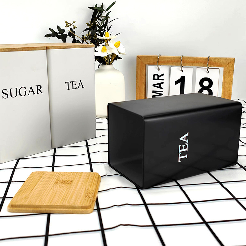 Moda simple lata de almacenamiento de hojalata cubierta de bambú lata de café té azúcar caja de almacenamiento de metal ins viento suministros de cocina
