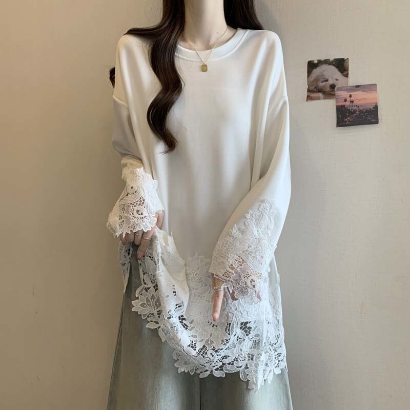 Lace Stitching Shoulder Long Sleeve T-shirt Women's 2025 Early Spring plus size chubby girl European Style Foreign Style Long Belly Covering Top