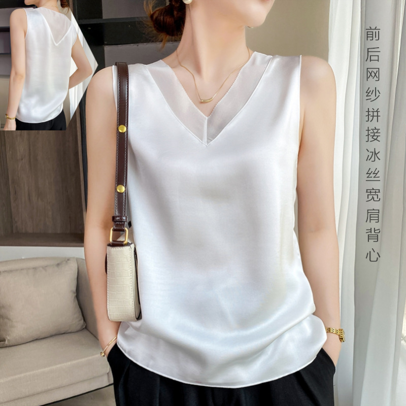 Cross-Border Spring Sweet V-Neck Mesh Splicing Wide-Shoulder Camisole Women's Top Base Shirt Ice Silk Camisole