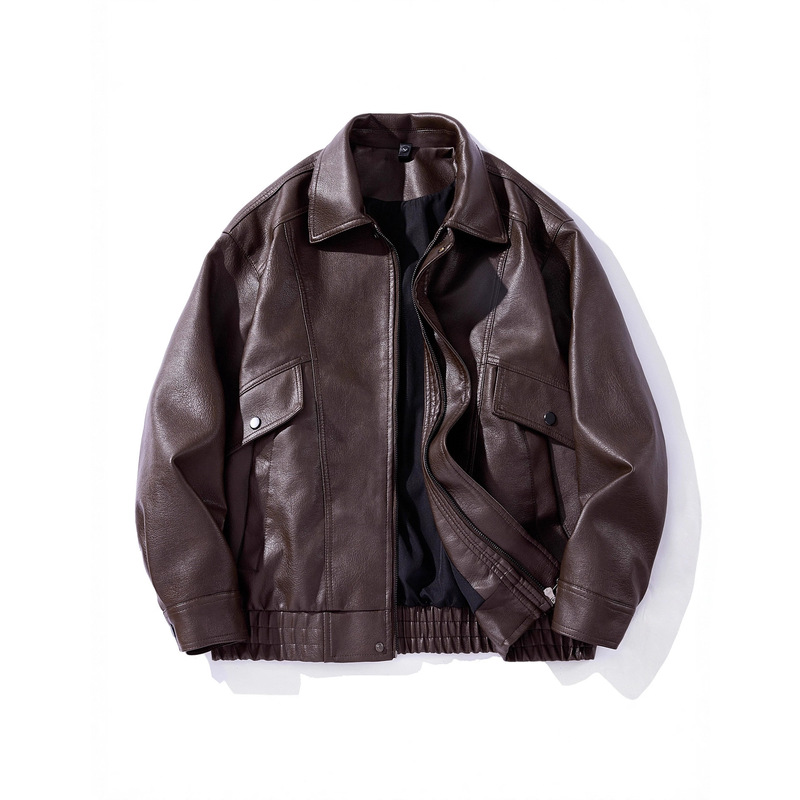 Cross-Border Spring and Autumn Men's Hong Kong Style Leather Jacket New American Retro Lapel Jacket Large Size Motorcycle Jacket Top Cross-Border Spring and Autumn Men's Hong Kong Style Leather Jacket New American Retro Lapel Jacket Large Size Motorcycle Jacket Top