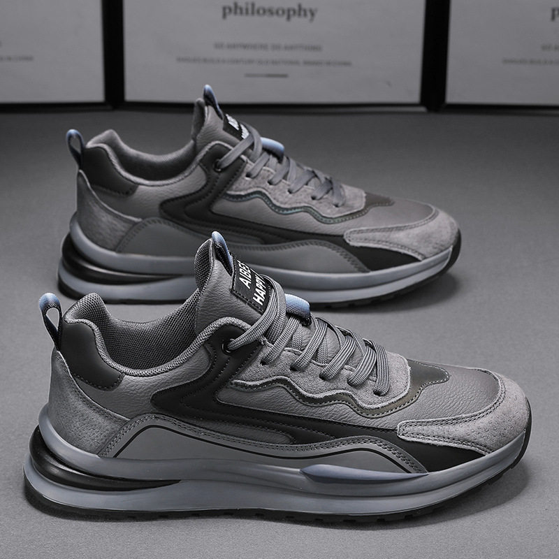 Giày thể thao nam da lì cổ thấp đế dày chống thấm chống trơn, giày sneaker thường ngày — ABC220 màu xám, ABC220 màu đen