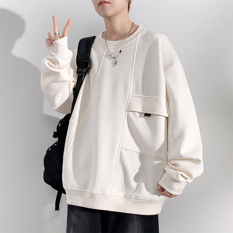 Plus Size Round Neck Sweatshirt for Men, Spring and Autumn Pullover Top for Chubby Boys, Oversized Loose Stylish Spliced Long Sleeve Men's Top