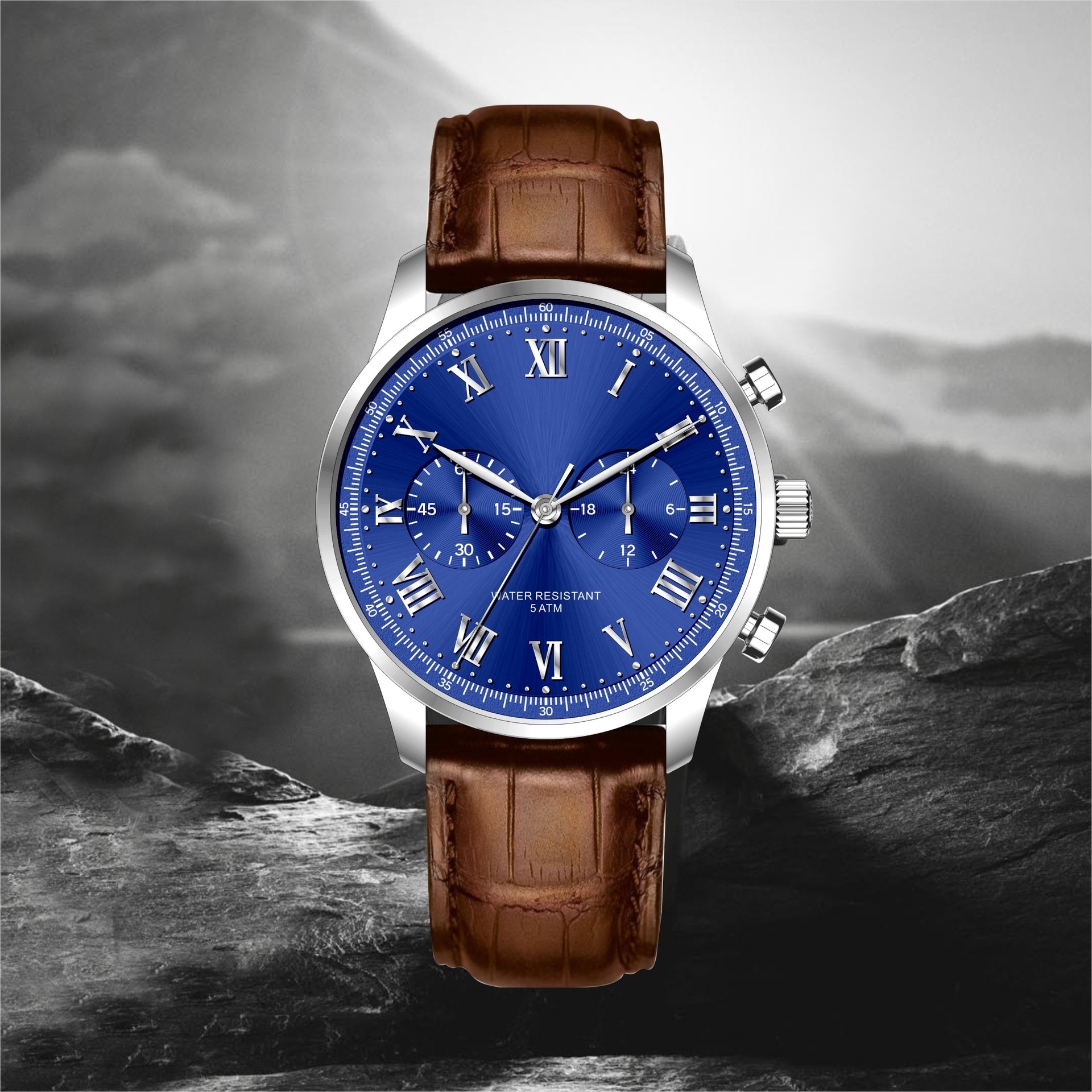 外贸跨境高档商务表带真皮男士表盘石英防水瑞士品牌手表一件代发