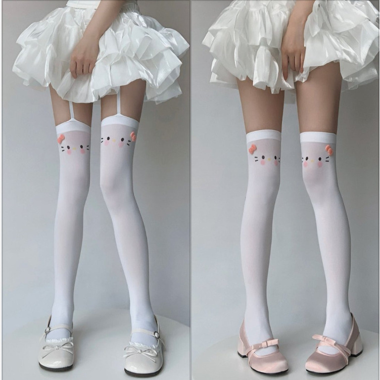 Cartoon Pattern Stockings, Garter Stockings for Women, Sweet and Cute Cat Print High-Top White Silk Over-The-Knee Socks, Thigh Socks