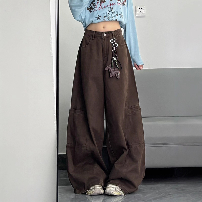 【Han Niu's Premium Selection】Coffee-Colored Wide-Leg Workwear Jeans for Women, High-Waisted Loose Casual Straight-Leg Floor-Length Pants 【Han Niu's Premium Selection】Coffee-Colored Wide-Leg Workwear Jeans for Women, High-Waisted Loose Casual Straight-Leg Floor-Length Pants