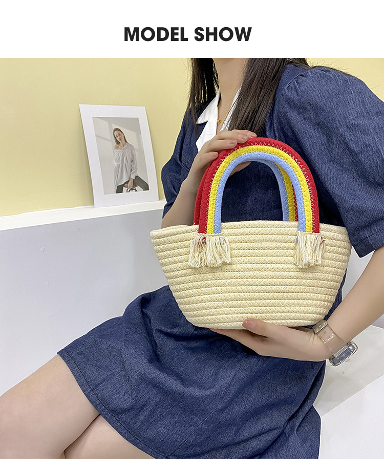 Cute rainbow hand-held small bag for women, new fashionable, casual and trendy women's bag, straw woven bag, beach vacation bag undefined