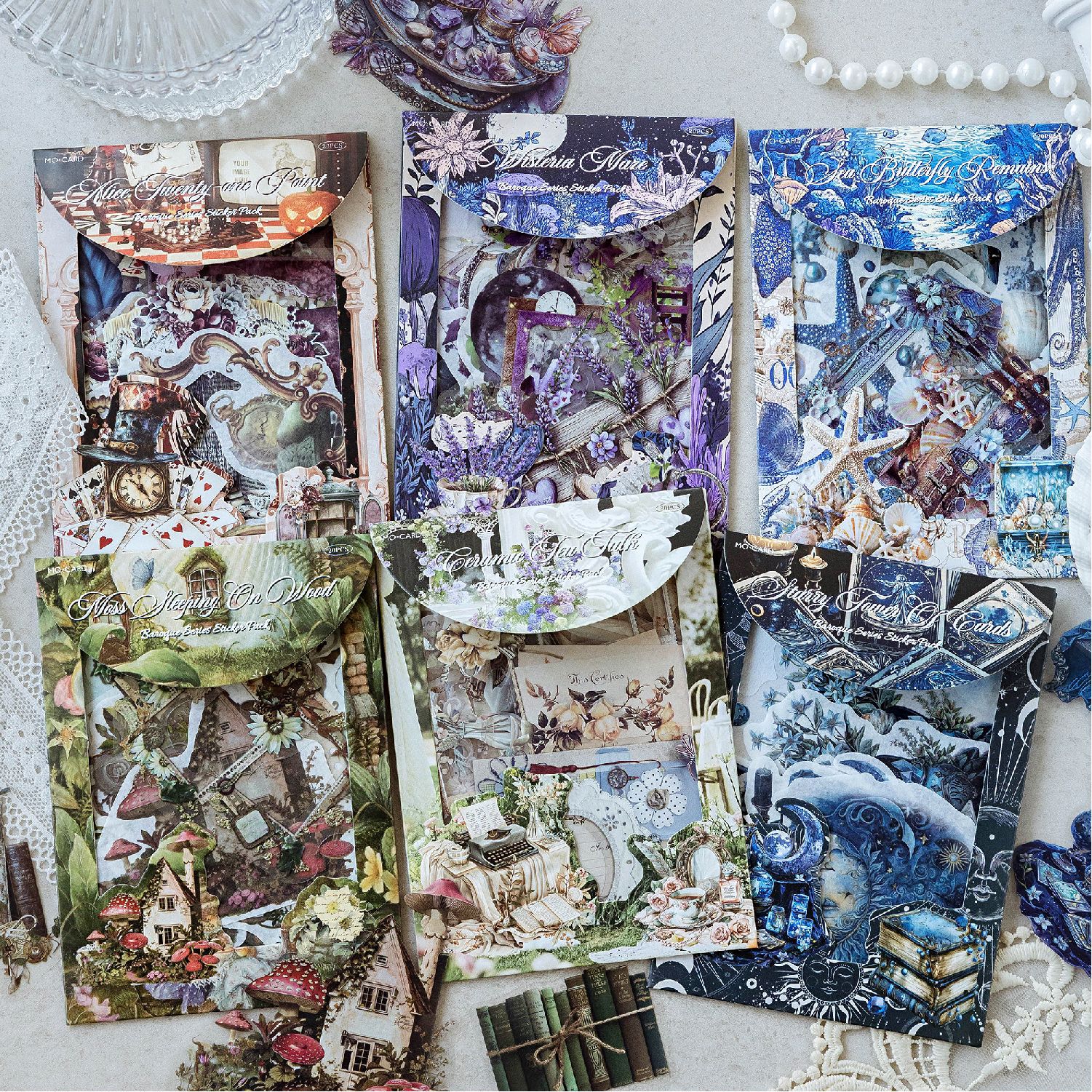 Bolsa de pegatinas de doble disfrute de Mo Mo, serie de paisajismo extremadamente compleja, bolsa de material de libro de bricolaje con tema de encaje de concha