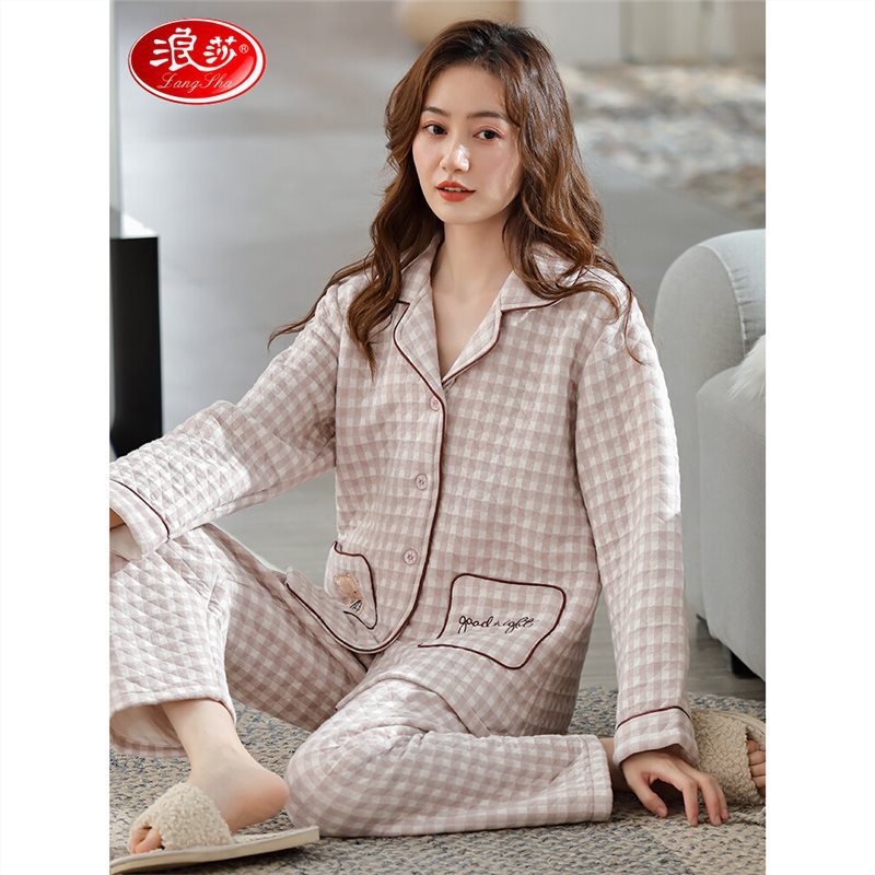 Sandwich pijamas mujeres Otoño e Invierno 100% algodón 2023 nueva manga larga de aire fino acolchado hogar desgaste traje