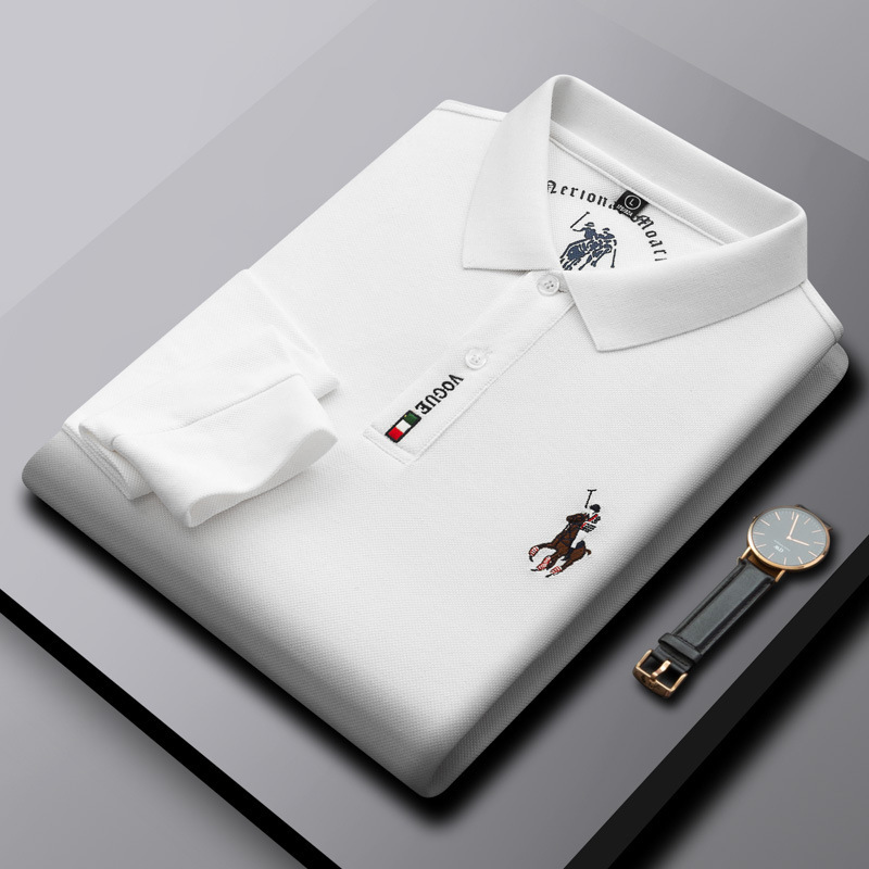 Men's Pique Cotton Long-Sleeve Polo Shirt with Large Horse Logo Embroidery, Turn-Down Collar T-Shirt, Business Casual Wear for Middle-Aged Men