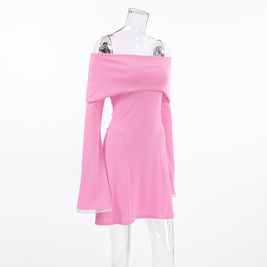 Autumn Winter Gentle Pink off Shoulder Sexy Flare Sleeve Knitted Lace Slim Fit Dress French Short for Women