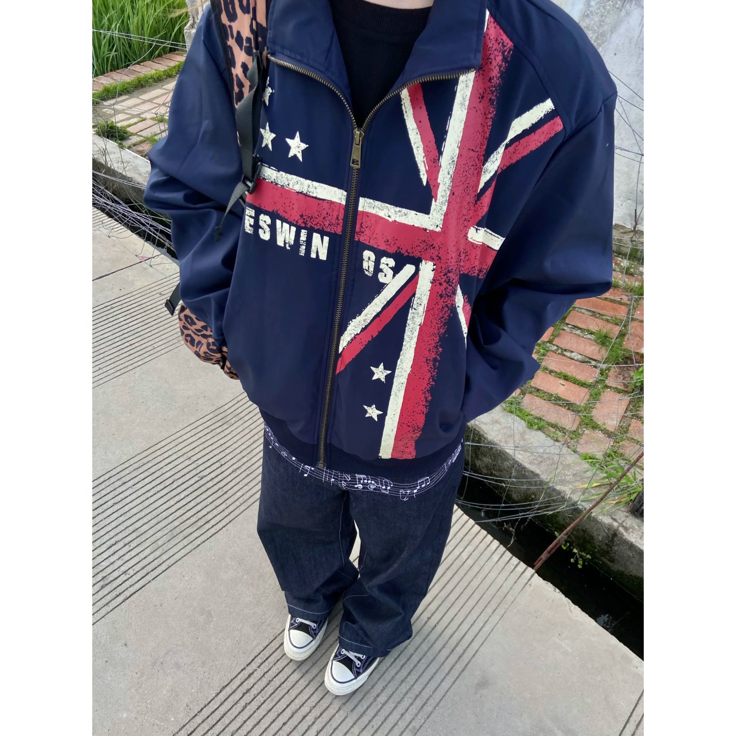 美式复古秋冬米字星星印花夹克立领长袖卫衣运动古早y2k撞色外套