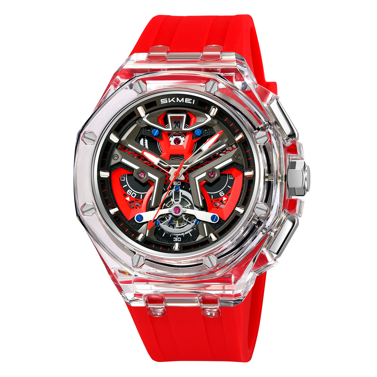 Momentos de belleza conchas transparentes viento mecánico reloj de cuarzo hombre transfronterizo correa de silicona roja cronógrafo multifuncional al por mayor