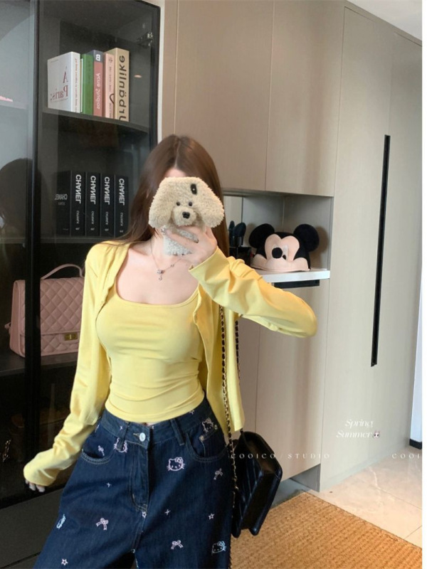 早秋季辣妹小个子修身短款长袖开衫T恤外套罩衫吊带背心两件套装|undefined