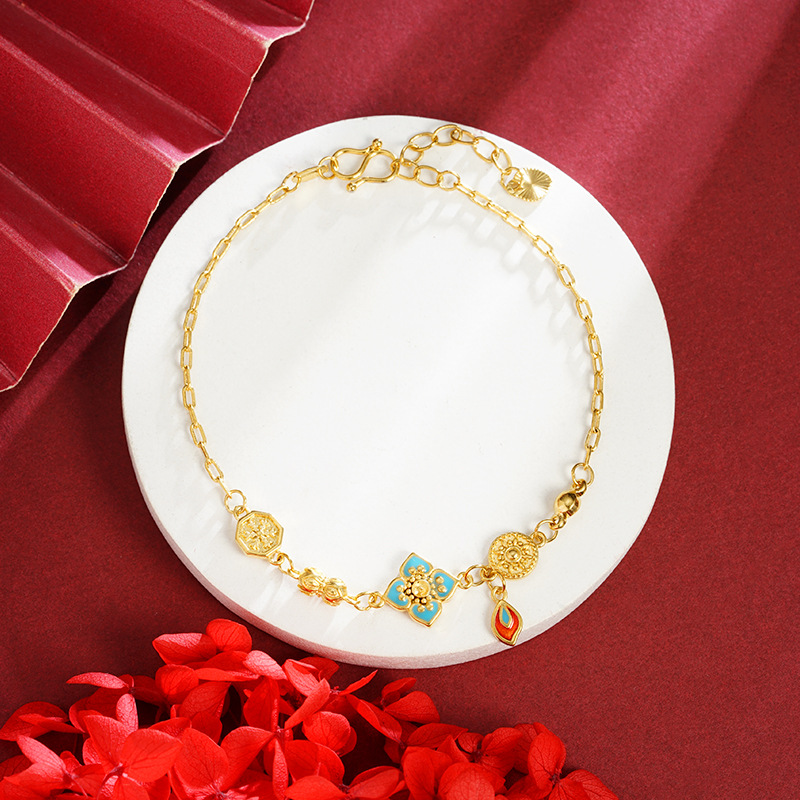 Nuevo chino vietnamita pulsera de oro de arena goteo de esmalte nacional flor pulsera de bronce dorado para mujeres joyas no se desvanecen