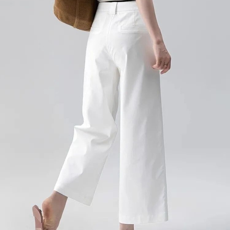Women's Summer Thin White Wide-Leg Pants, Casual Straight-Leg Trousers, High-Waisted Slimming Work Pants, Loose Nine-Point Pants