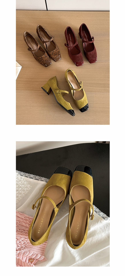 Giày Mary Jane nữ mũi vuông gót thô 3–6 cm, da bóng họa tiết da báo, quai ngang — Màu da báo, Màu đỏ rượu, Xanh lá cây chi tiết 10