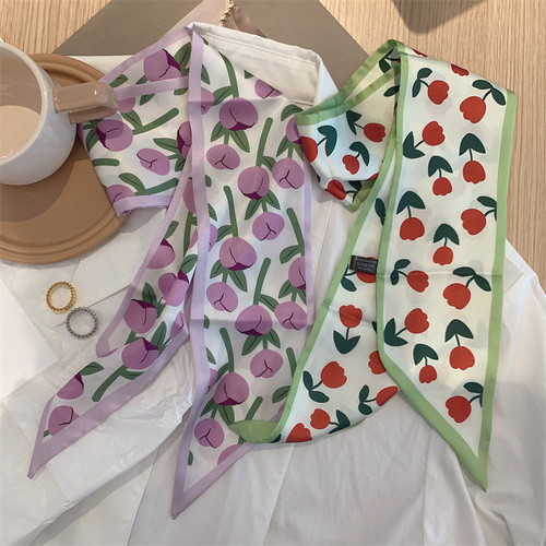 Small fresh green color whitening multi-functional small scarf for women new long streamer to tie hair and headband to decorate small scarf