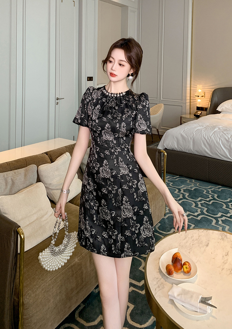 Đầm chữ A thắt eo họa tiết cổ điển phong cách Pháp — Màu đen chi tiết 9