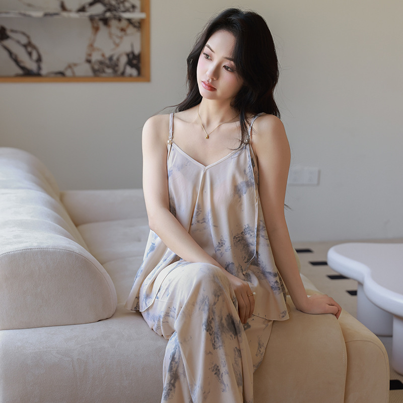 Light Luxury Cotton Silk Pajamas for Women Spring, Autumn and Summer Suspender Two-Piece Home Clothes Loose Simple Sexy Cotton Silk Suit