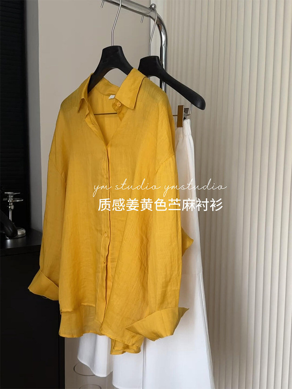 Highly Recommended! Super Quality! French Imported Linen Ginger Yellow Shirt for Women, Slimming Top for 2026