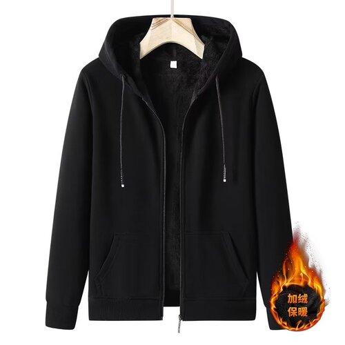New Student Couple Fleece Hooded Sweatshirt for Autumn/Winter Men's Black Plus Size Open Style Solid Color Warm Outerwear
